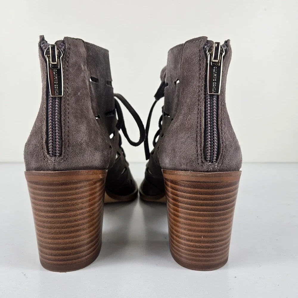Vince Camuto Womens 8M Tressa Lace-Up Bootie Taupe Suede Peep Toe Block Heel